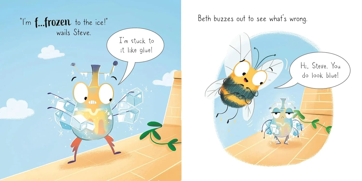 Illustrated book pages showing a character stuck to ice and another bee approaching.