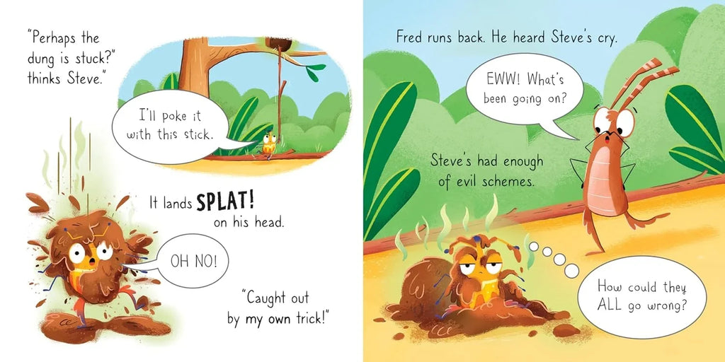 Illustrated book pages showing a cartoon character and a lobster with dialogue bubbles.