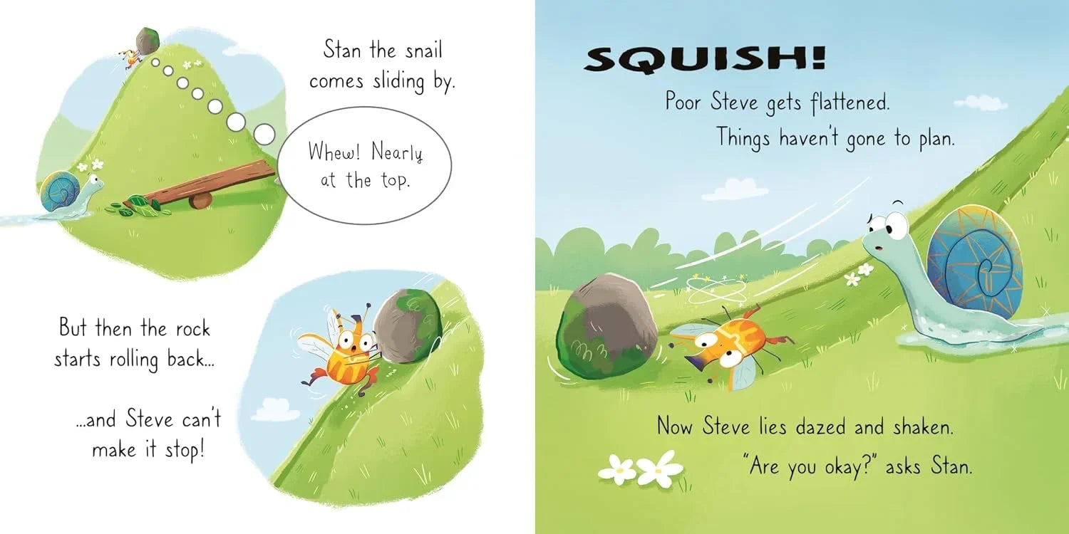 Illustrated book page with a cartoon snail and rock on a green hillside