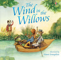 Book cover of 'The Wind in the Willows' with illustrations of animals by a river.