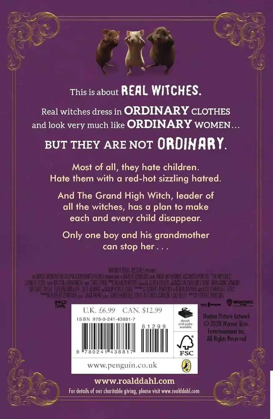 Book back cover with text about witches and a purple background