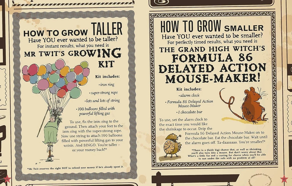 Two humorous product advertisements for growing taller and smaller, featuring a mouse and balloons.