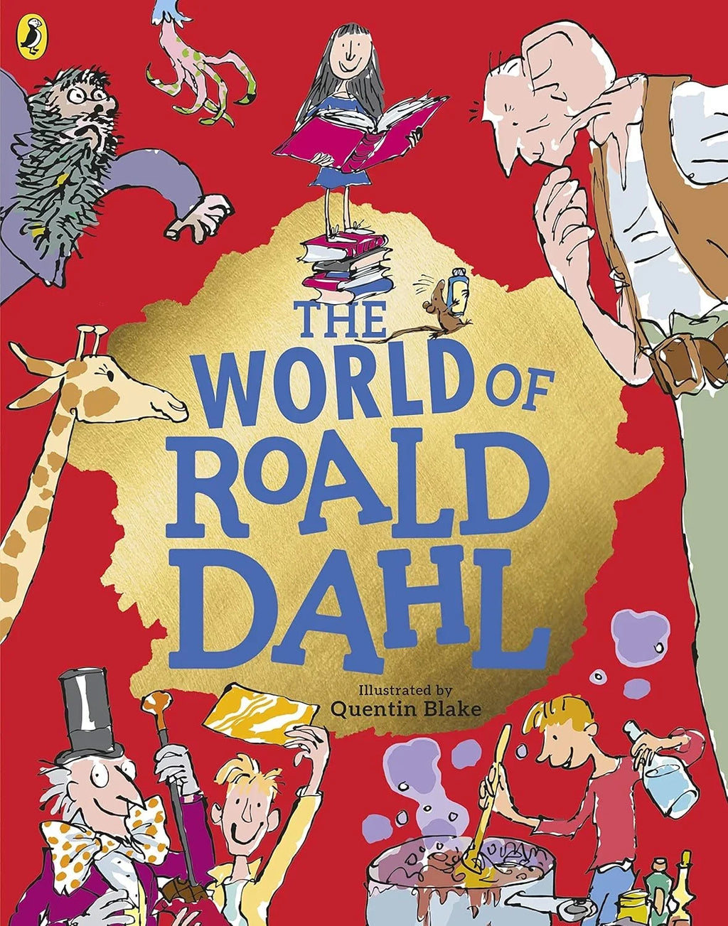 Book cover of 'The World of Roald Dahl' with illustrations on a red background