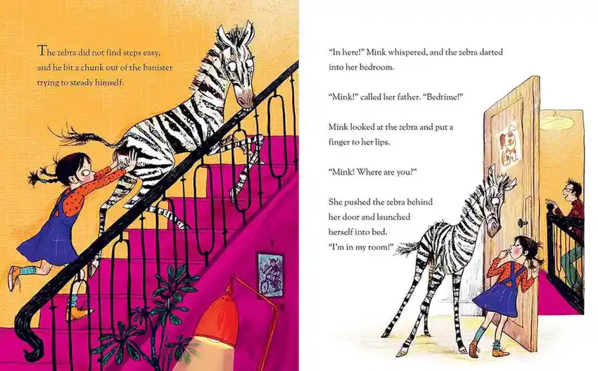 Illustrated book pages showing a zebra and a girl in a room.