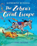 Book cover of 'The Zebra's Great Escape' with a zebra and dog running, against a blue sky.