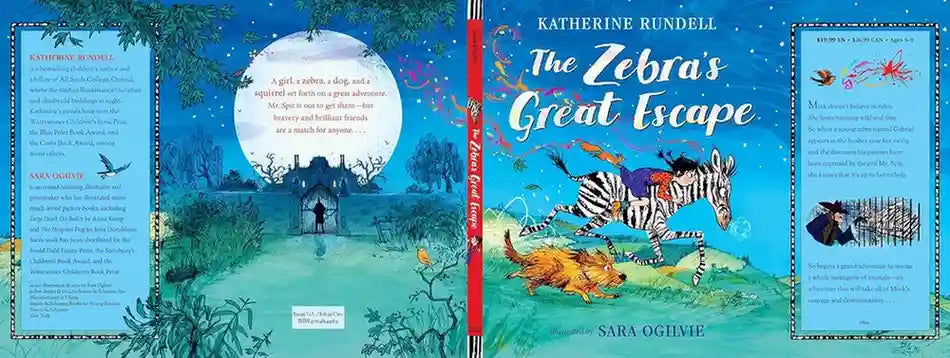 Book cover of 'The Zebra's Great Escape' by Katherine Rundell and Sara Oghene with illustrations of a zebra and a child.