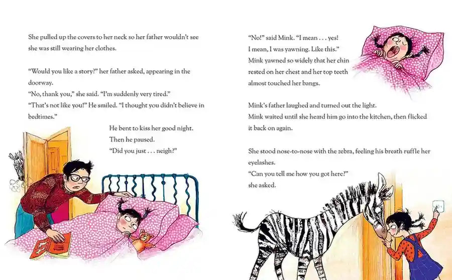 Illustrated book page with a cartoon character and a zebra, featuring text.