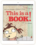 Book cover with a cartoon character and text 'This is a BOOK! (no wifi needed)' on a tablet screen.