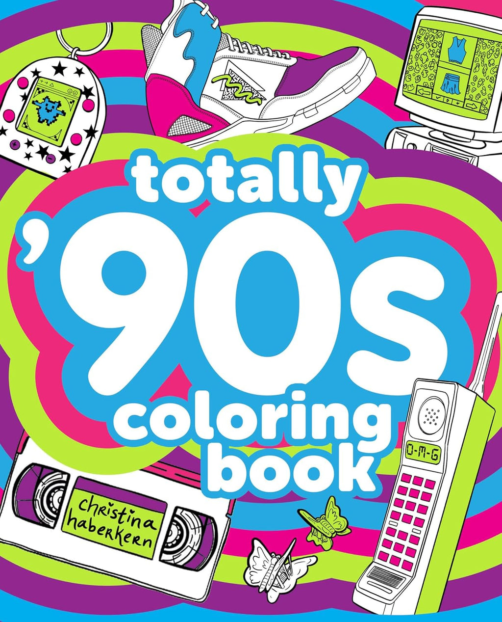 Front cover of a children's coloring book titled "totally '90s coloring book" with colorful retro illustrations including a shoe, handheld game console, computer monitor, cassette tape, walkie-talkie, scissors, and butterflies on a striped background.