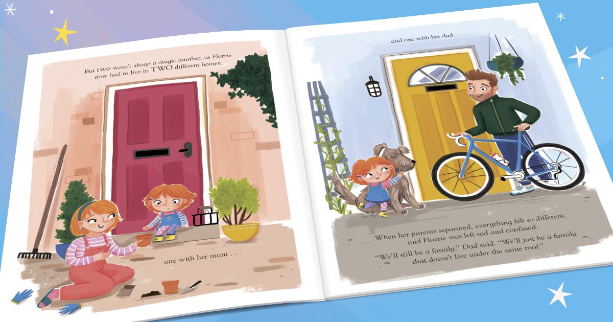 An open children's picture book spread showing two illustrated family scenes with text. The left page shows two children gardening by a pink door, and the right page shows a boy riding a bicycle beside a yellow door with a dog.