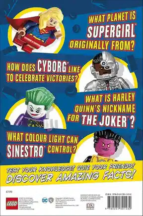 Educational poster with superhero characters and questions about their origins and characteristics, featuring LEGO branding.