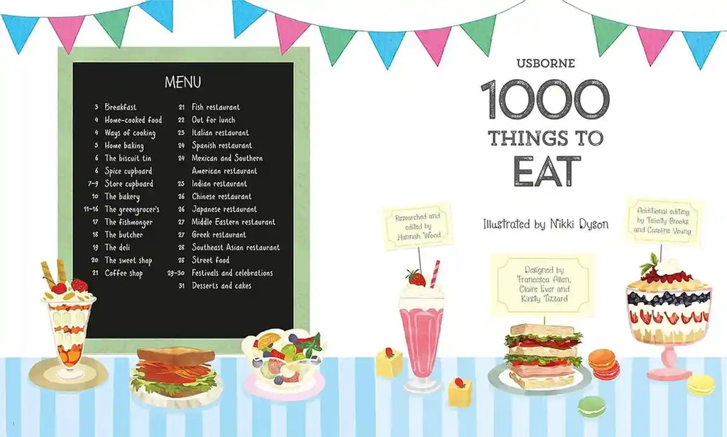 Book cover of '1000 Things to Eat' by Usborne with a menu list and illustrations of food.