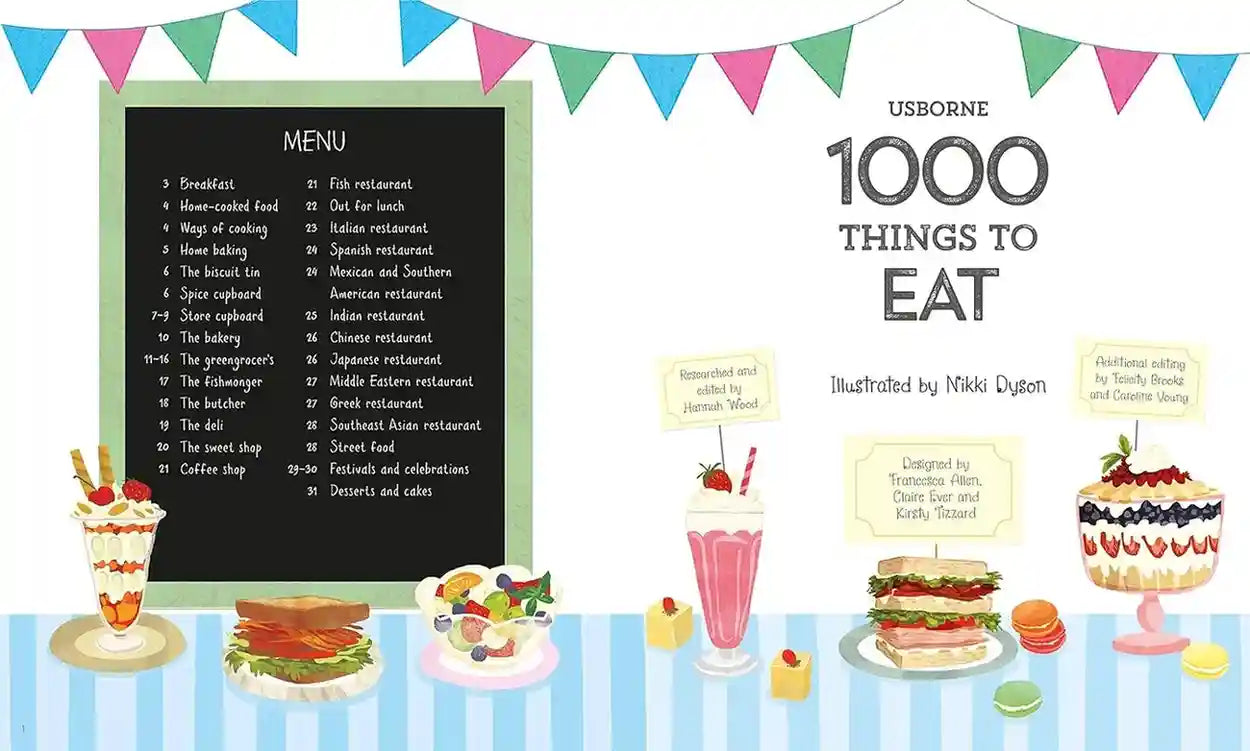 Book cover of '1000 Things to Eat' by Usborne with a menu list and illustrations of food.