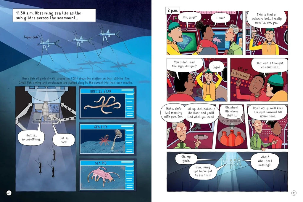Illustrated comic book page with underwater scene and character interactions.