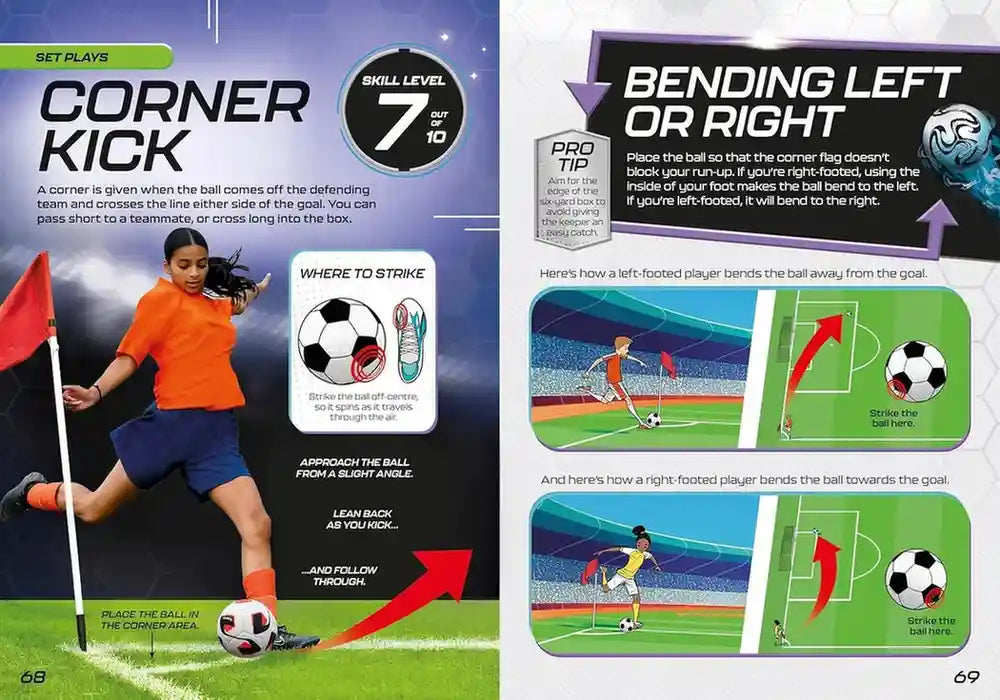 Futbol instruction manual with illustrations and text on corner kick and ball bending techniques.