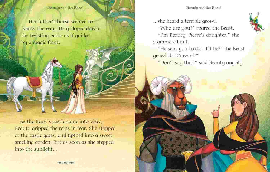 A two-page spread from a children's book showing illustrated cover art and printed text from 'Beauty and the Beast.' The left page has full-color fantasy illustration with a white horse, castle, and two girls, while the right page shows a painted scene with the Beast and a woman in a yellow dress.