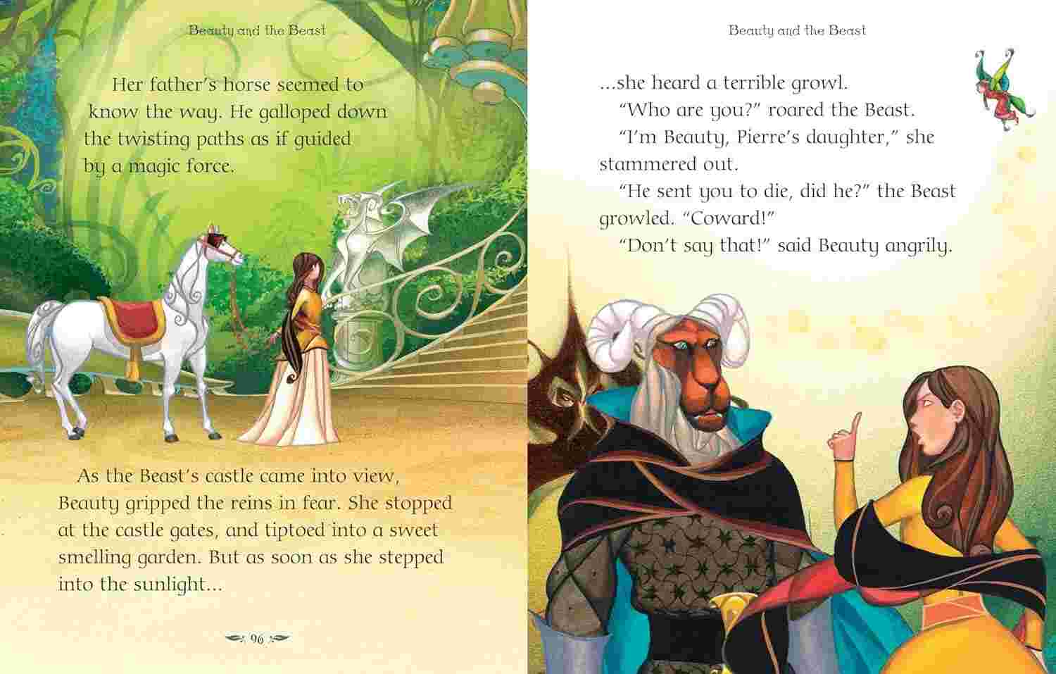 A two-page spread from a children's book showing illustrated cover art and printed text from 'Beauty and the Beast.' The left page has full-color fantasy illustration with a white horse, castle, and two girls, while the right page shows a painted scene with the Beast and a woman in a yellow dress.