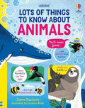 Book cover of 'Lots of Things to Know About Animals' with illustrations of a whale, hornbills, bumblebees, and a sloth.