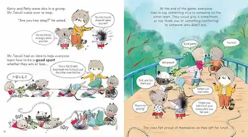 Illustrated book pages showing animal characters in a classroom setting with dialogue bubbles.