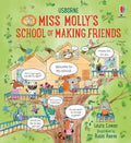 Book cover of 'Miss Molly's School of Making Friends' with cartoon characters and text bubbles.