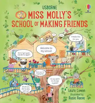 Book cover of 'Miss Molly's School of Making Friends' with cartoon characters and text bubbles.