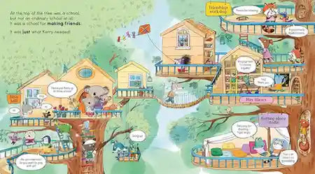 Illustrated children's book page with a treehouse community scene.