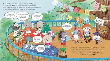 Illustrated children's book page with animals at a campfire, singing and telling stories.