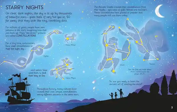Illustration of a star map with constellations and a silhouette of a ship and people on a hill.