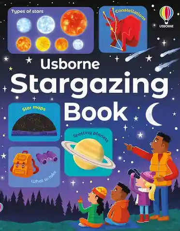 Book cover of 'Usborne Stargazing Book' with illustrations of stars, constellations, and a family stargazing.