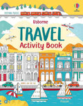 Front cover of the Usborne Travel Activity Book, featuring a colorful travel-themed illustration with buildings, boats, cars, and the title 'TRAVEL Activity Book' in large text.