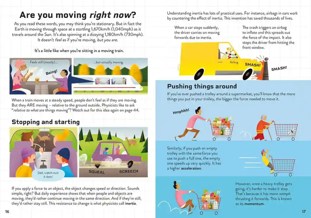 Educational page from a book explaining inertia with illustrations and text.