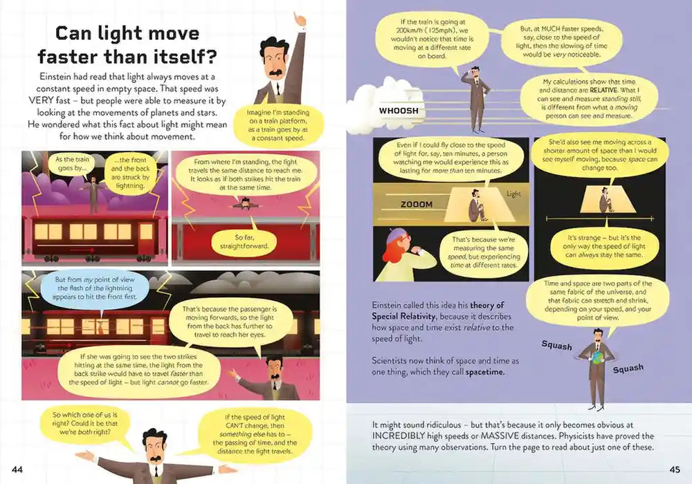 Educational illustration about light moving faster than itself, featuring a character in a suit and tie.