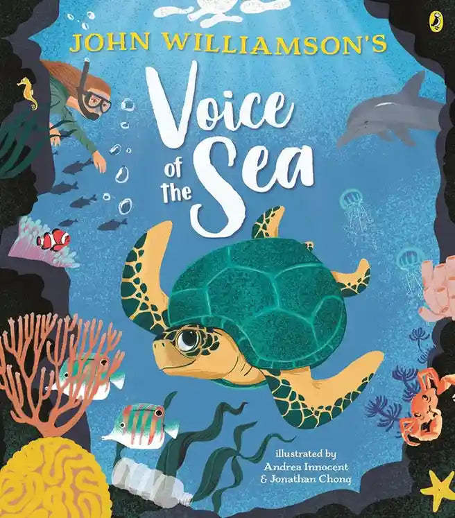 Book cover of 'Voice of the Sea' with a turtle illustration and underwater scene.