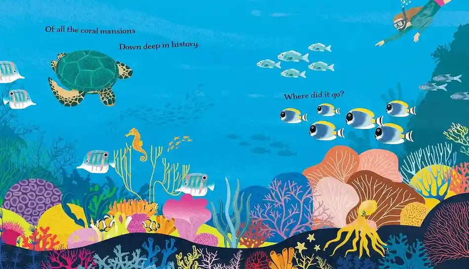 Colorful underwater scene with marine life and text on a blue background