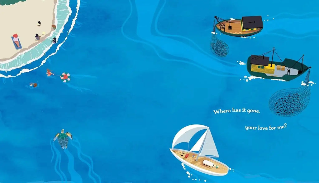 Cartoon illustration of a beach scene with boats and a sailboat, featuring text 'Where has it gone, your love for me?'
