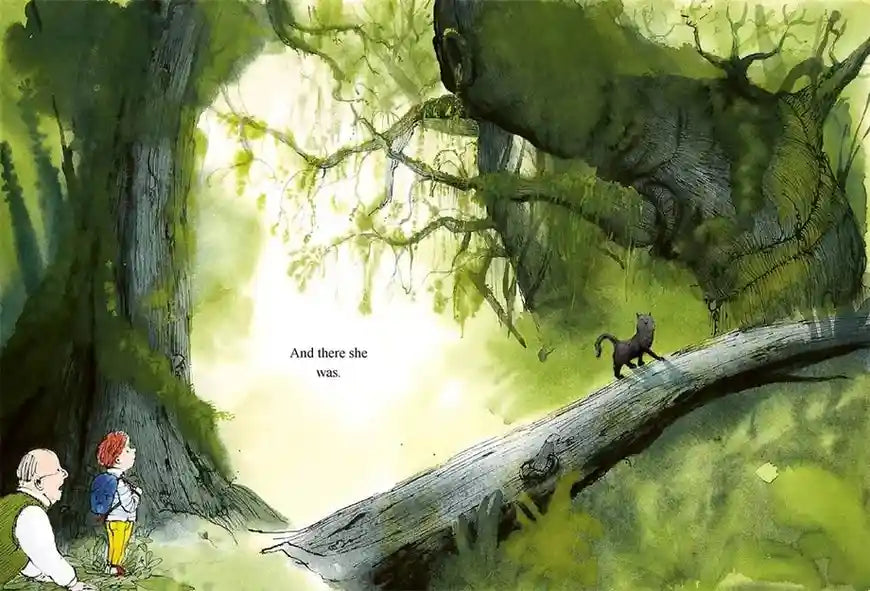 Illustration of two children and a cat in a forest with text 'And there she was'.