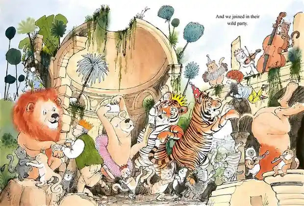 Illustration of animals in a jungle setting with a large tree stump and plants.