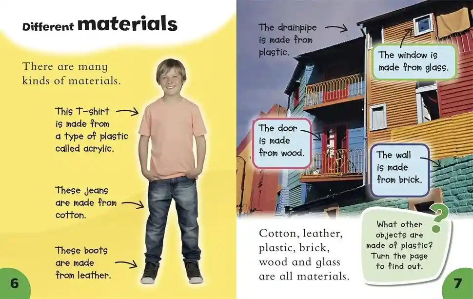 Educational illustration about different materials with a boy, house, and text boxes.