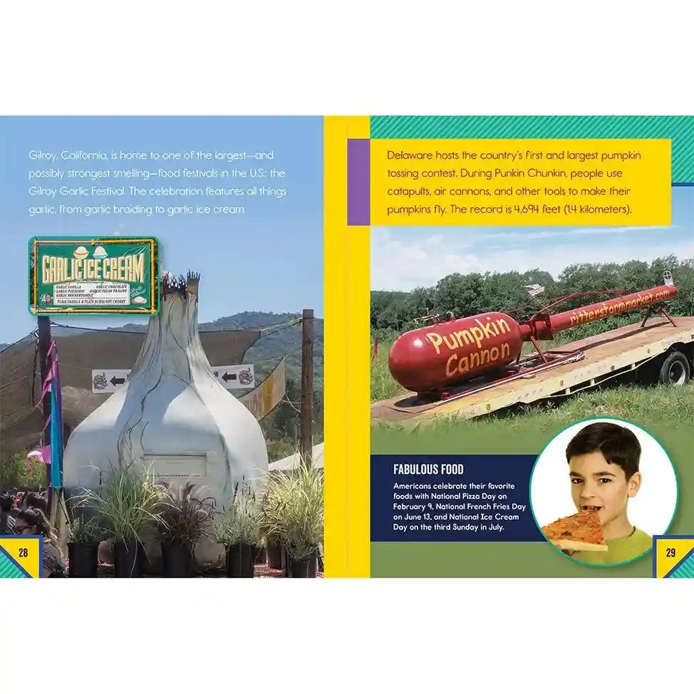 Page from a book showing a pumpkin cannon and a child with pizza, with text about pumpkin festivals and food days.