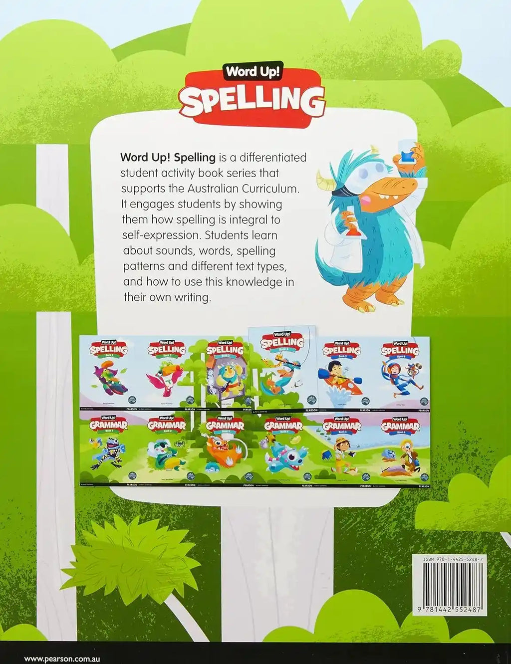 Promotional image of 'Word Up! Spelling' book series with a cartoon character on a green background.