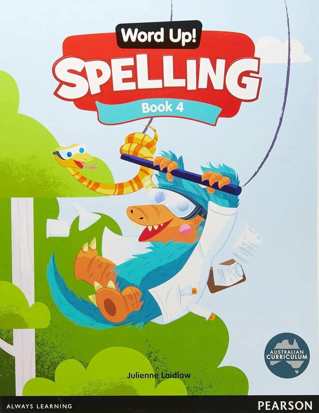 Book cover of 'Word Up! Spelling Book 4' with a cartoon character on a blue background