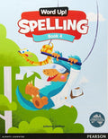 Book cover of 'Word Up! Spelling Book 4' with a cartoon character on a blue background