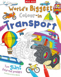Coloring book cover titled 'World's Biggest Colour-in Transport' with various transportation vehicles and coloring tools.