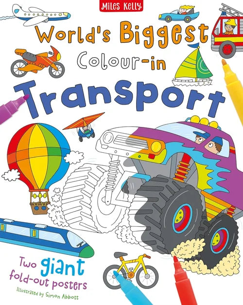 Coloring book cover titled 'World's Biggest Colour-in Transport' with various transportation vehicles and coloring tools.