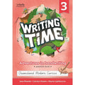 Book cover of 'Writing Time' practice book for Queensland Modern Cursive, featuring a colorful illustration and text.