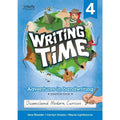 Book cover of 'Writing Time' practice book for Queensland Modern Cursive, featuring a child writing and various illustrations.