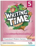 Book titled 'Writing Time: Adventures in Handwriting' for Grade 5 on a pink background with colorful illustrations.