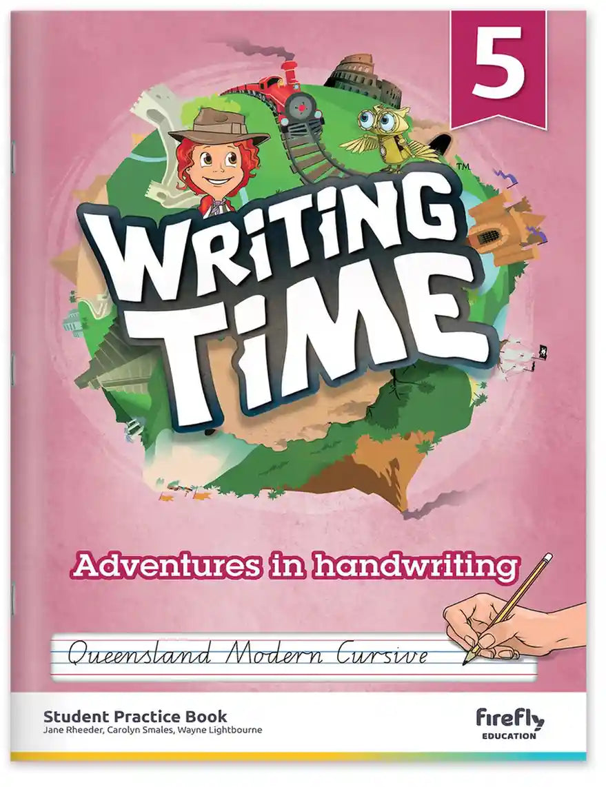 Book titled 'Writing Time: Adventures in Handwriting' for Grade 5 on a pink background with colorful illustrations.