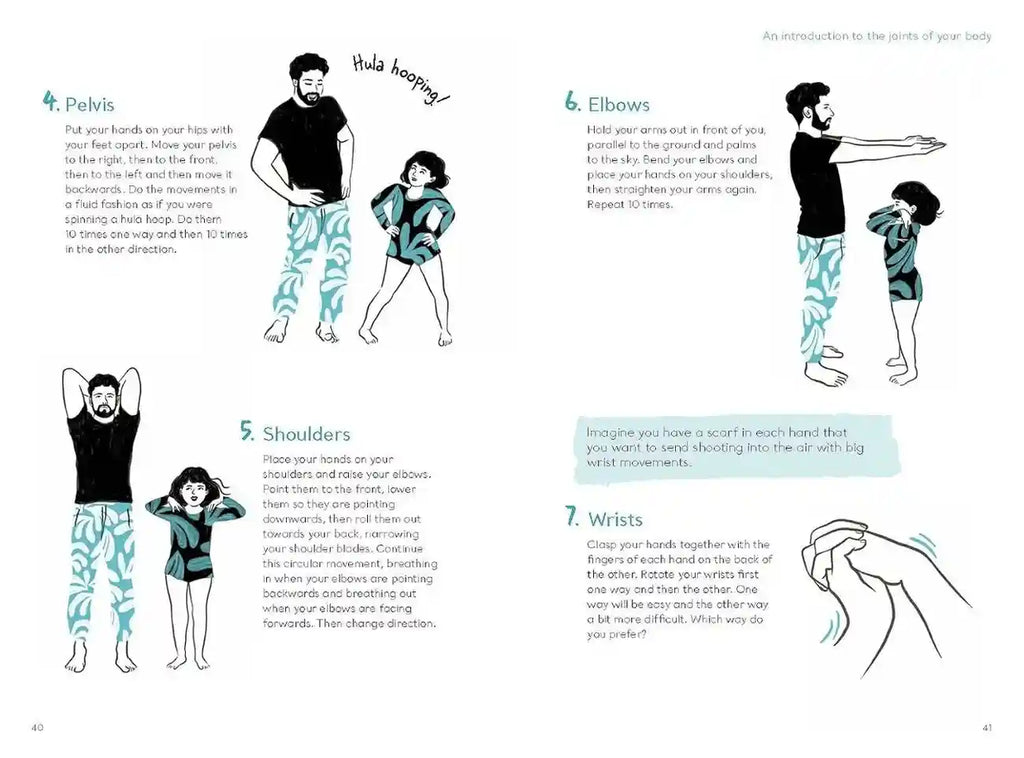 Illustrations of a person performing various stretches with text instructions on a white background