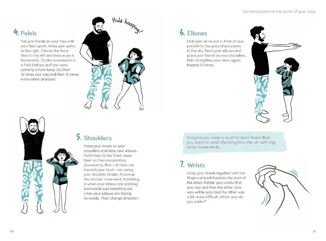 Illustrations of a person performing various stretches with text instructions on a white background